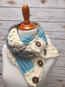Crochet Cowl. Braided Crochet Scarf.     Crochet Neckwarmer. Button Infinity Scarf.