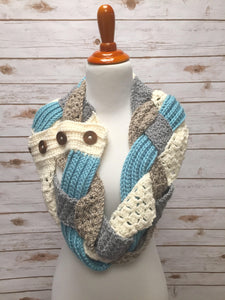 Crochet Cowl. Braided Crochet Scarf.     Crochet Neckwarmer. Button Infinity Scarf.