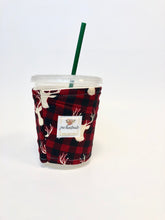 Buffalo Check Deer Print Iced Coffee Cozy. Drink Sleeve.