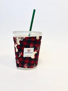 Buffalo Check Deer Print Iced Coffee Cozy. Drink Sleeve.