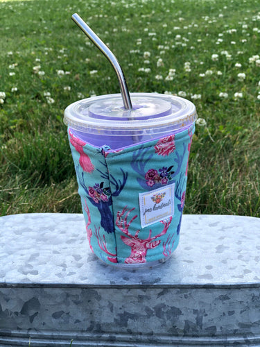 Small Floral Deer Iced Coffee Cozy. Drink Sleeve | RTS