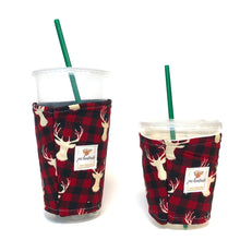 Buffalo Check Deer Print Iced Coffee Cozy. Drink Sleeve.